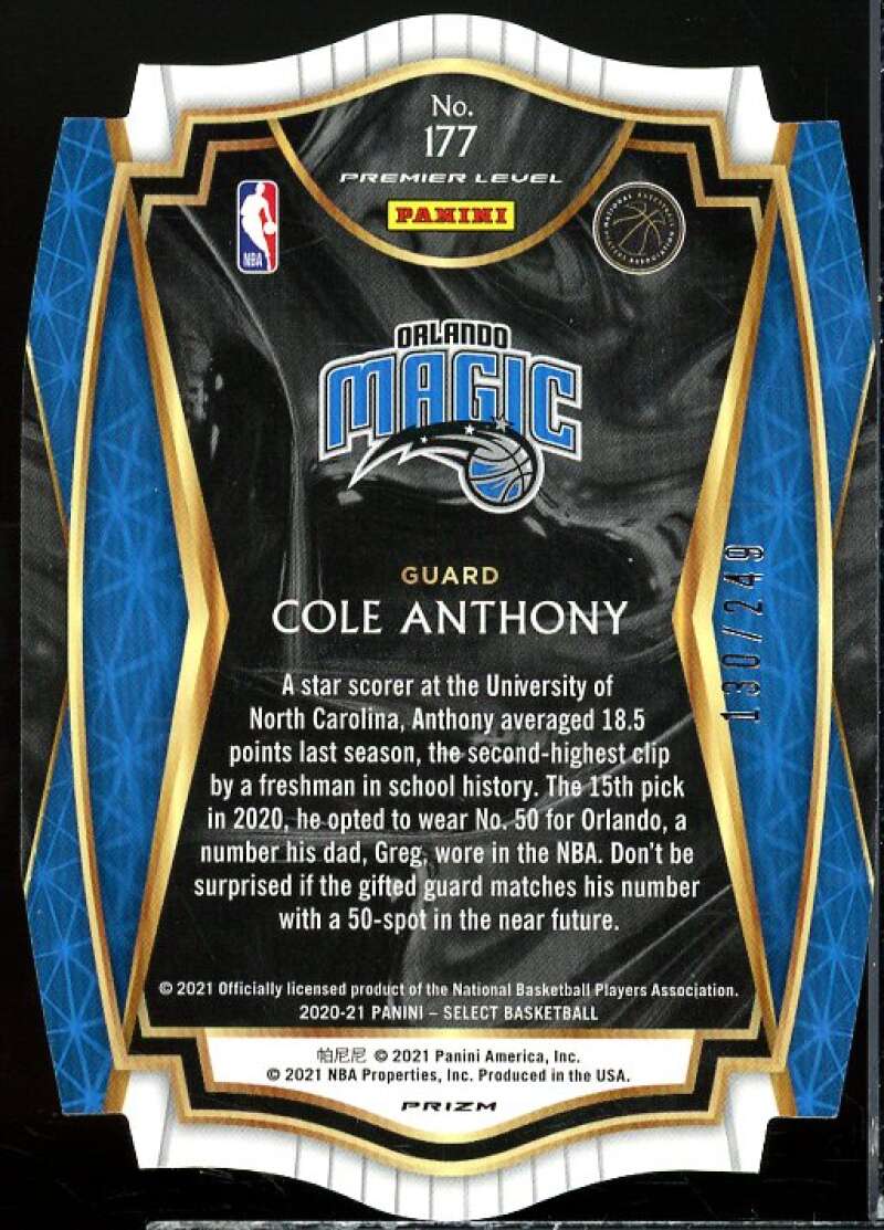 Cole Anthony Rookie Card 2020-21 Select Prizms Blue Die Cut #177  Image 2