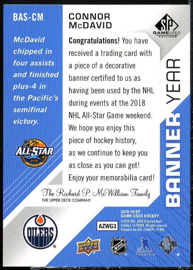 Connor McDavid Card 2018-19 SP Game Used Banner Year '18 All Star Game #BASCM  Image 2