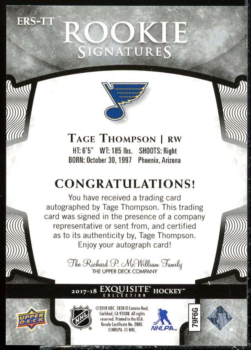 Tage Thompson Card 2017-18 Exquisite Collection Rookie Signatures #ERSTT  Image 2