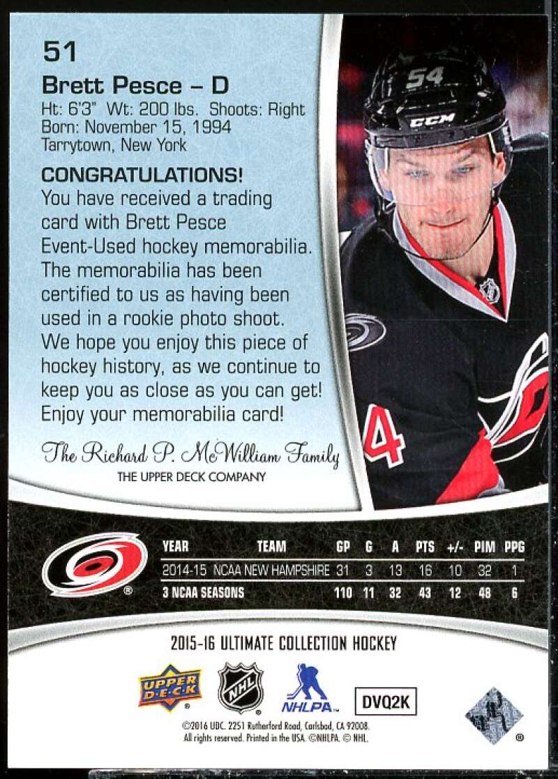 Brett Pesce PATCH Rookie Card 2015-16 Ultimate Collection Gold #51  Image 2