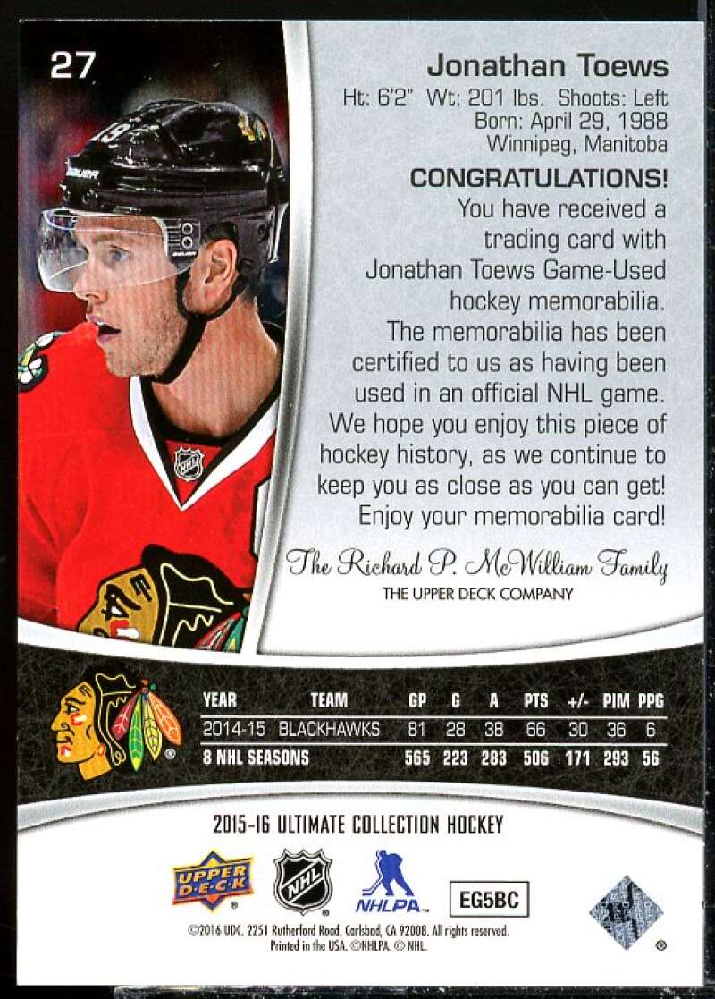 Jonathan Toews FS Card 2015-16 Ultimate Collection Platinum Blue #27  Image 2
