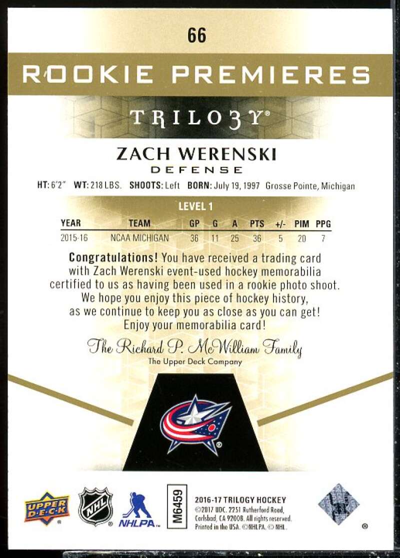 Zach Werenski JSY Card 2016-17 Upper Deck Trilogy Rainbow Green #66  Image 2