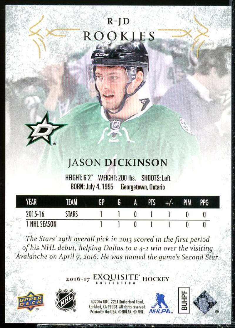 Jason Dickinson Rookie Card 2016-17 Exquisite Collection Rookies #RJD  Image 2