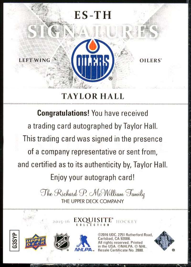 Taylor Hall Rookie Card 2015-16 Exquisite Collection Signatures #ESTH  Image 2