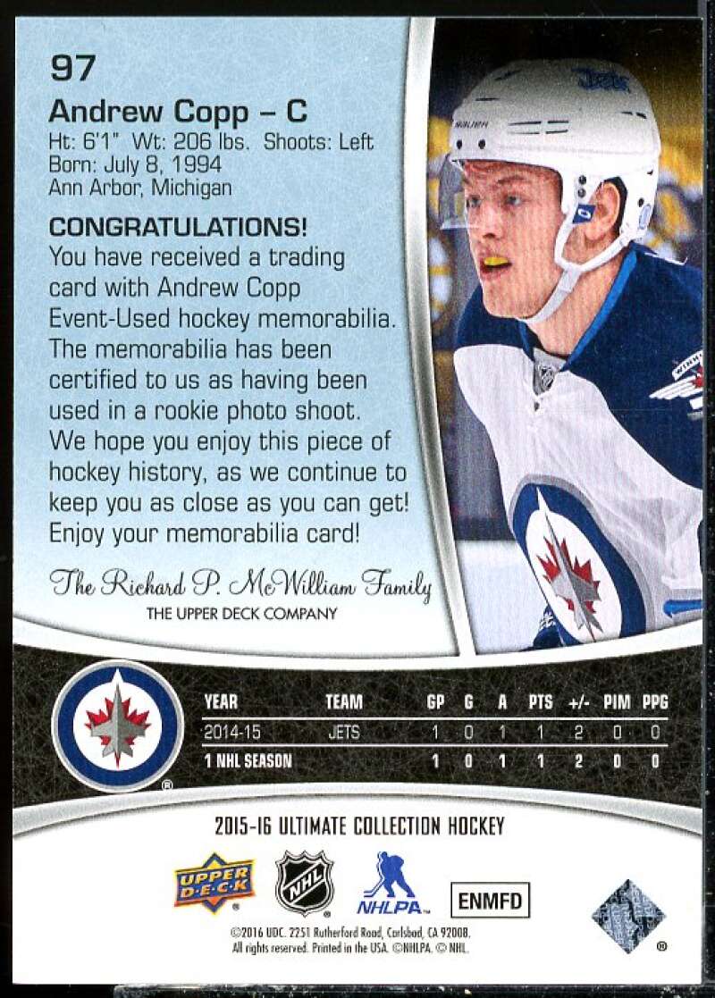 Andrew Copp PATCH Rookie Card 2015-16 Ultimate Collection Gold #97  Image 2