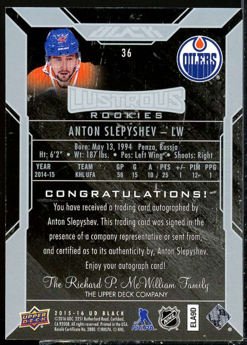 Anton Slepyshev AU/299 Rookie Card 2015-16 UD Black #36  Image 2