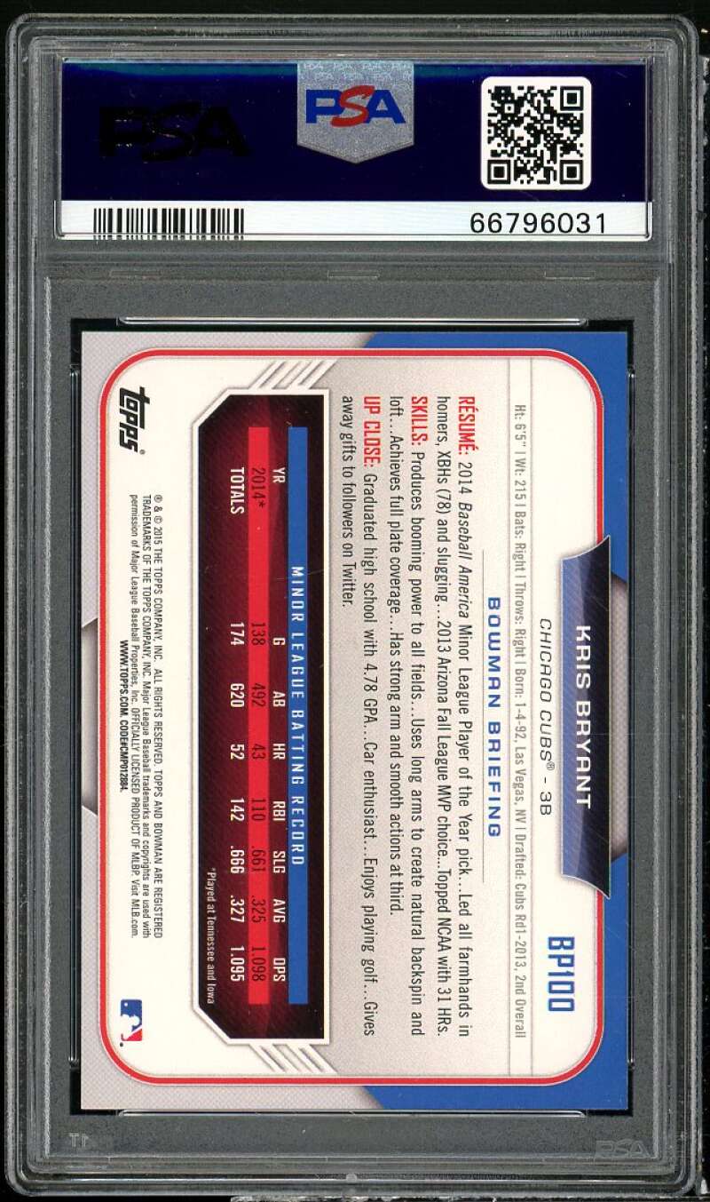 Kris Bryant Rookie Card 2015 Bowman Prospects #BP100 PSA 10 Image 2