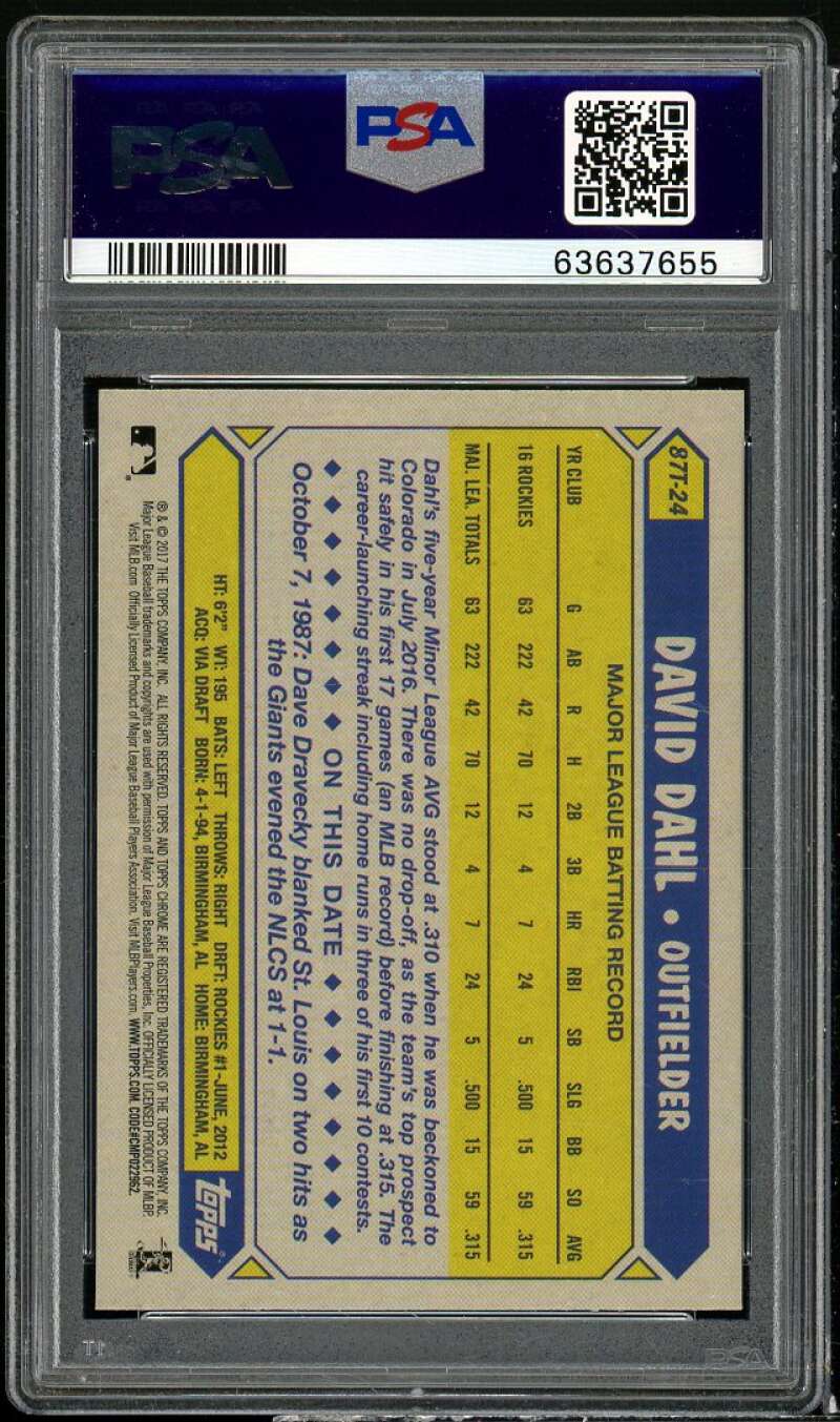 David Dahl Rookie Card 2017 Topps Chrome 1987 Baseball #87T-24 PSA 10 Image 2