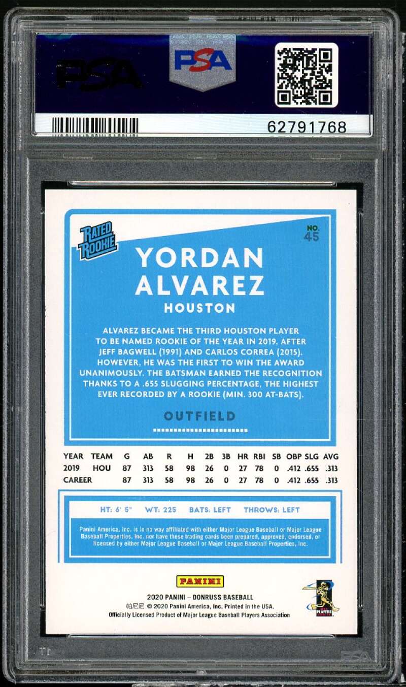 Yordan Alvarez Rookie Card 2020 Panini Donruss #45 PSA 10 Image 2