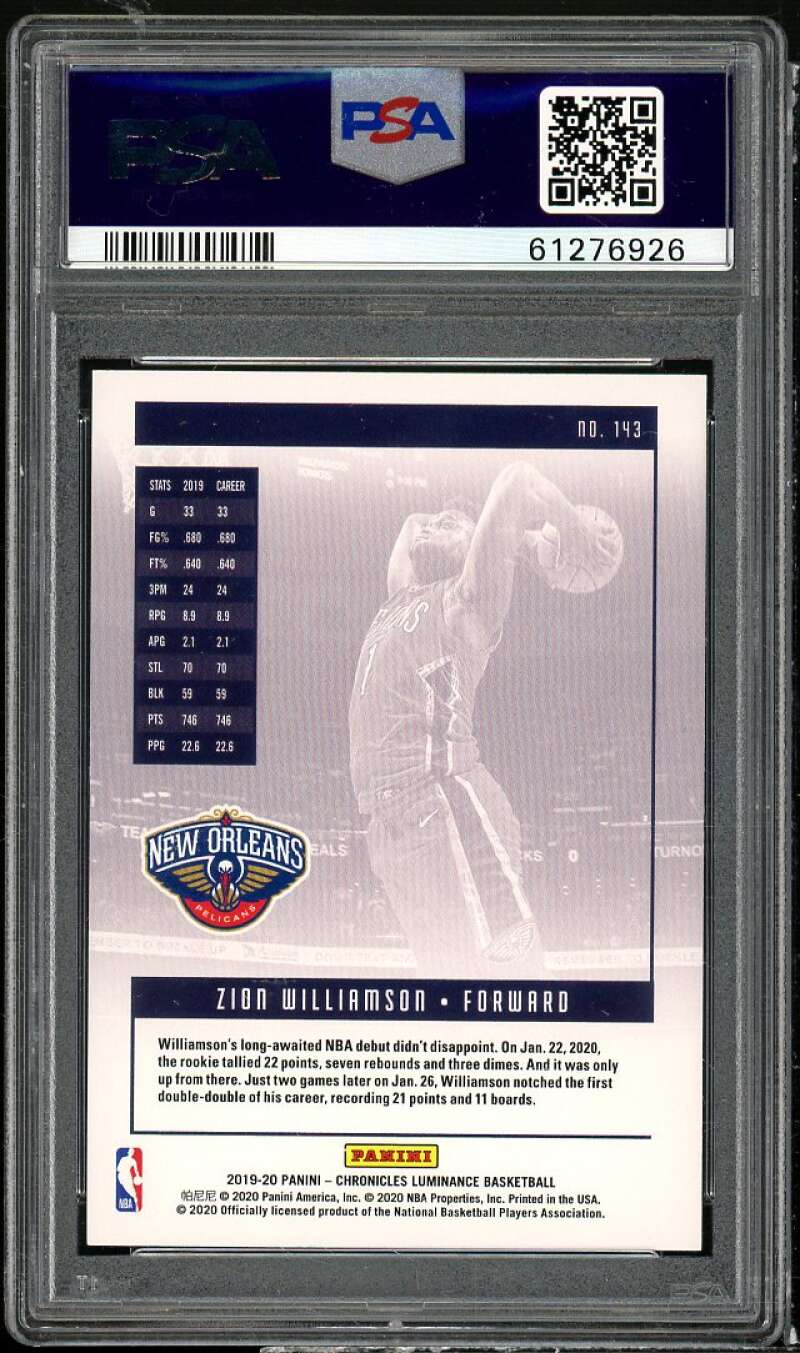 Zion Williamson Rookie Card 2019-20 Panini Chronicles #143 PSA 10 Image 2