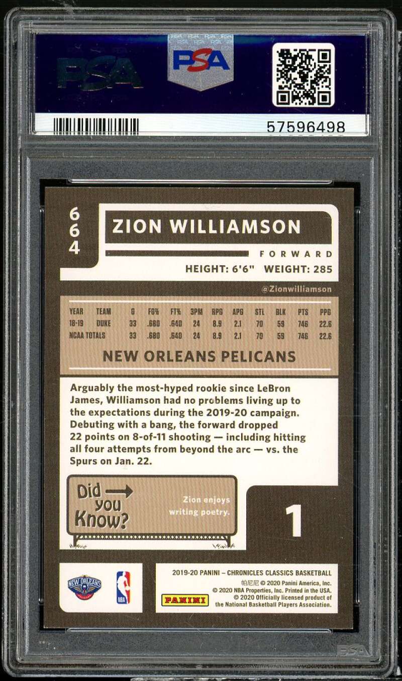 Zion Williamson Rookie Card 2019-20 Panini Chronicles #664 PSA 9 Image 2