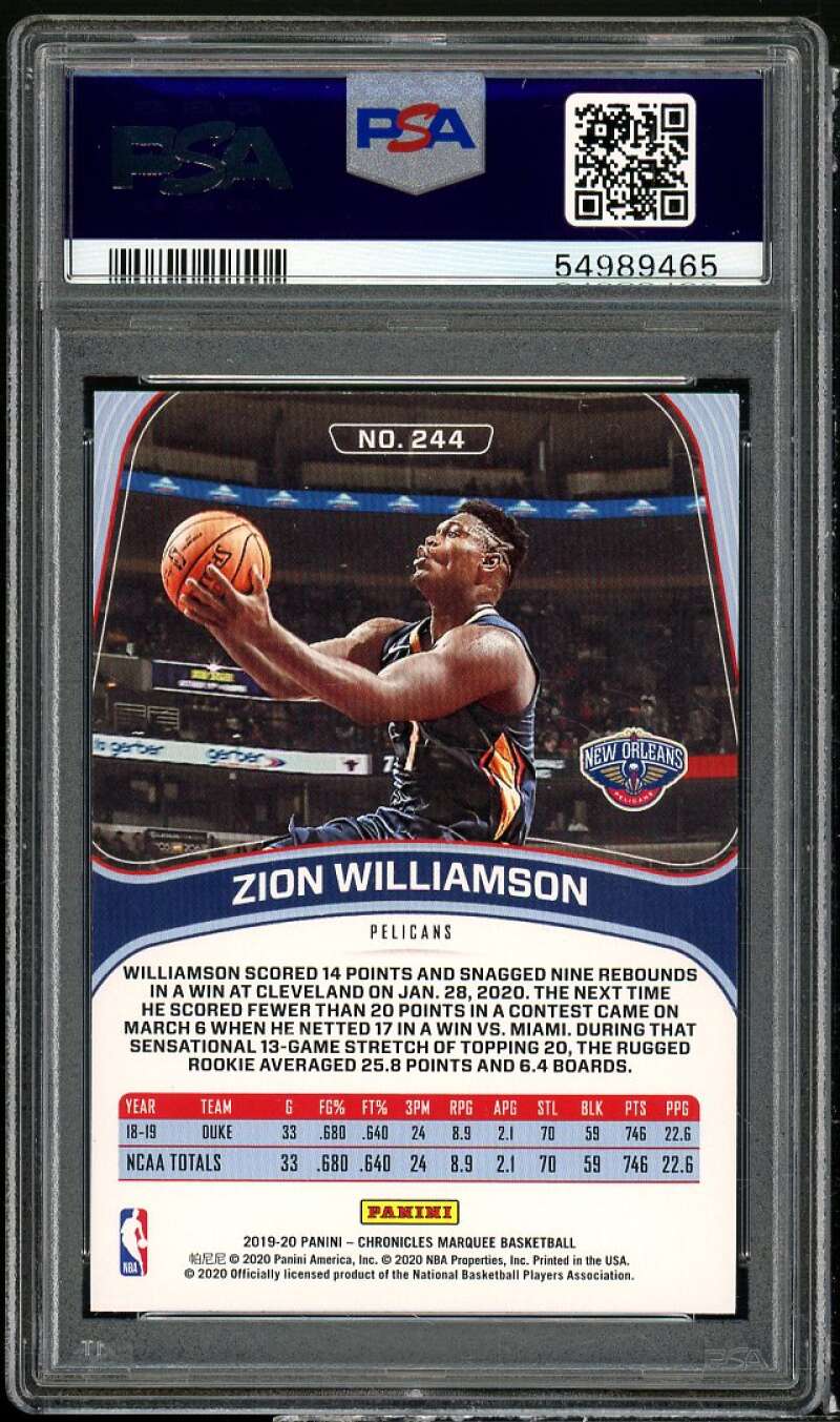 Zion Williamson Rookie Card 2019-20 Panini Chronicles Teal #244 PSA 9 Image 2