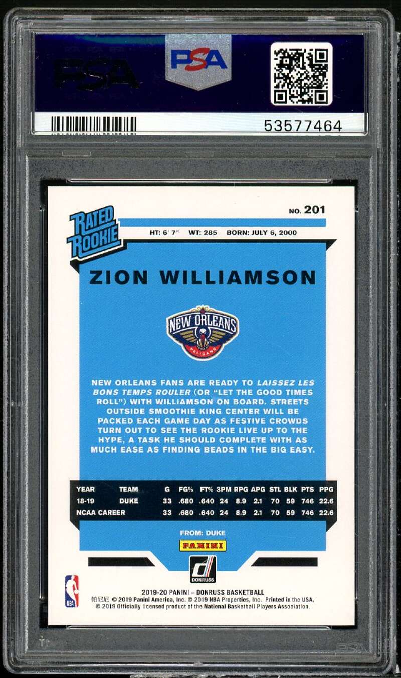 Zion Williamson Rookie Card 2019-20 Panini Donruss #201 PSA 9 Image 2