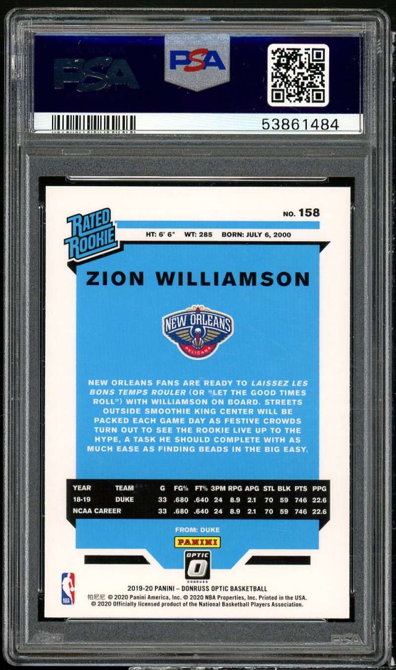 Zion Williamson Rookie Card 2019-20 Panini Donruss Optic #158 PSA 9 Image 2