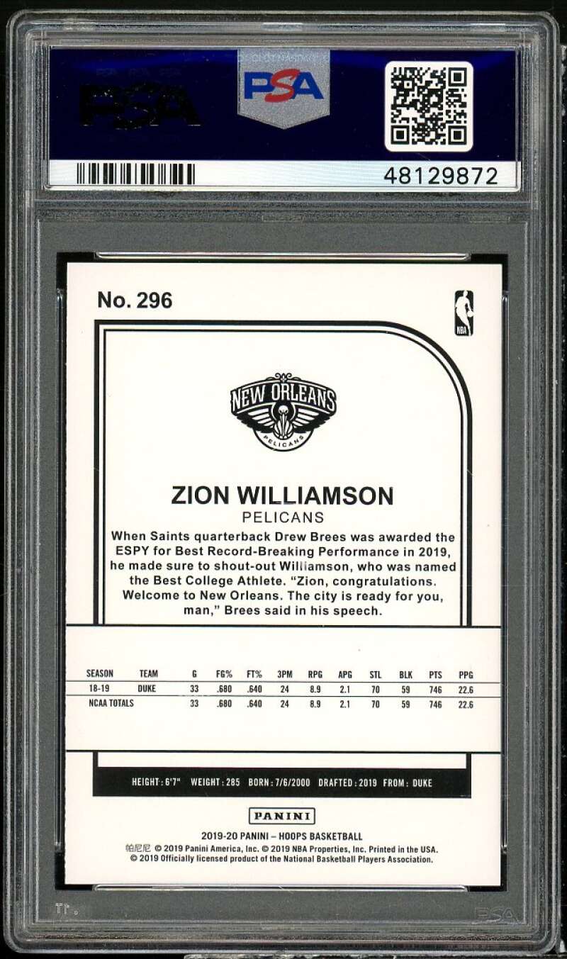 Zion Williamson Rookie Card 2019-20 Panini Hoops Purple #296 PSA 9 Image 2