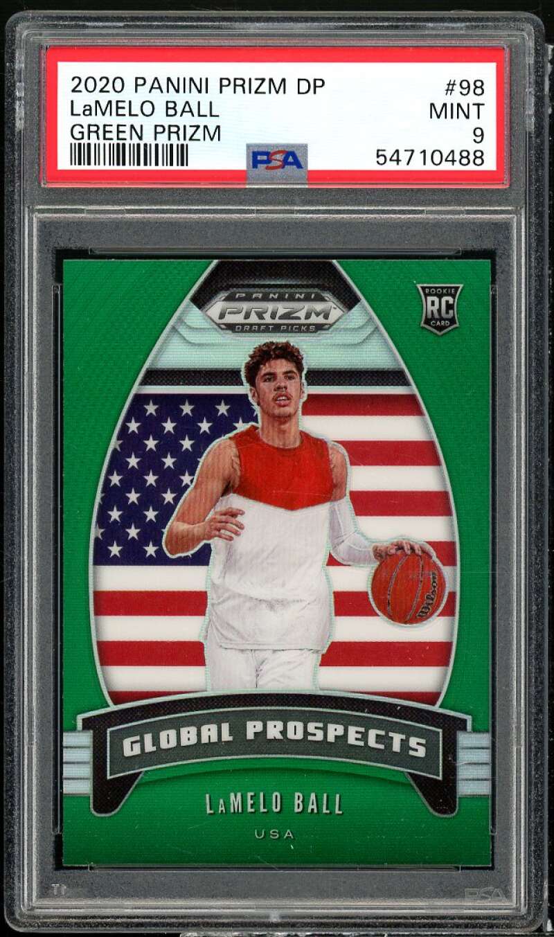 LaMelo Ball Rookie Card 2020-21 Panini Prizm Draft Picks Green Prizm #98 PSA 9 Image 1