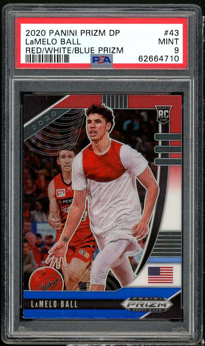 LaMelo Ball Rookie Card 2020-21 Panini Prizm DP Red/White/Blue Prizm #43 PSA 9 Image 1