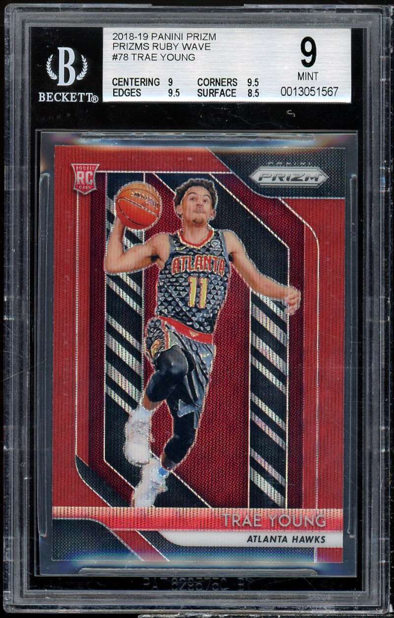 Trae Young Rookie Card 2018-19 Panini Prizm Prizms Ruby Wave #78 BGS 9 Image 1