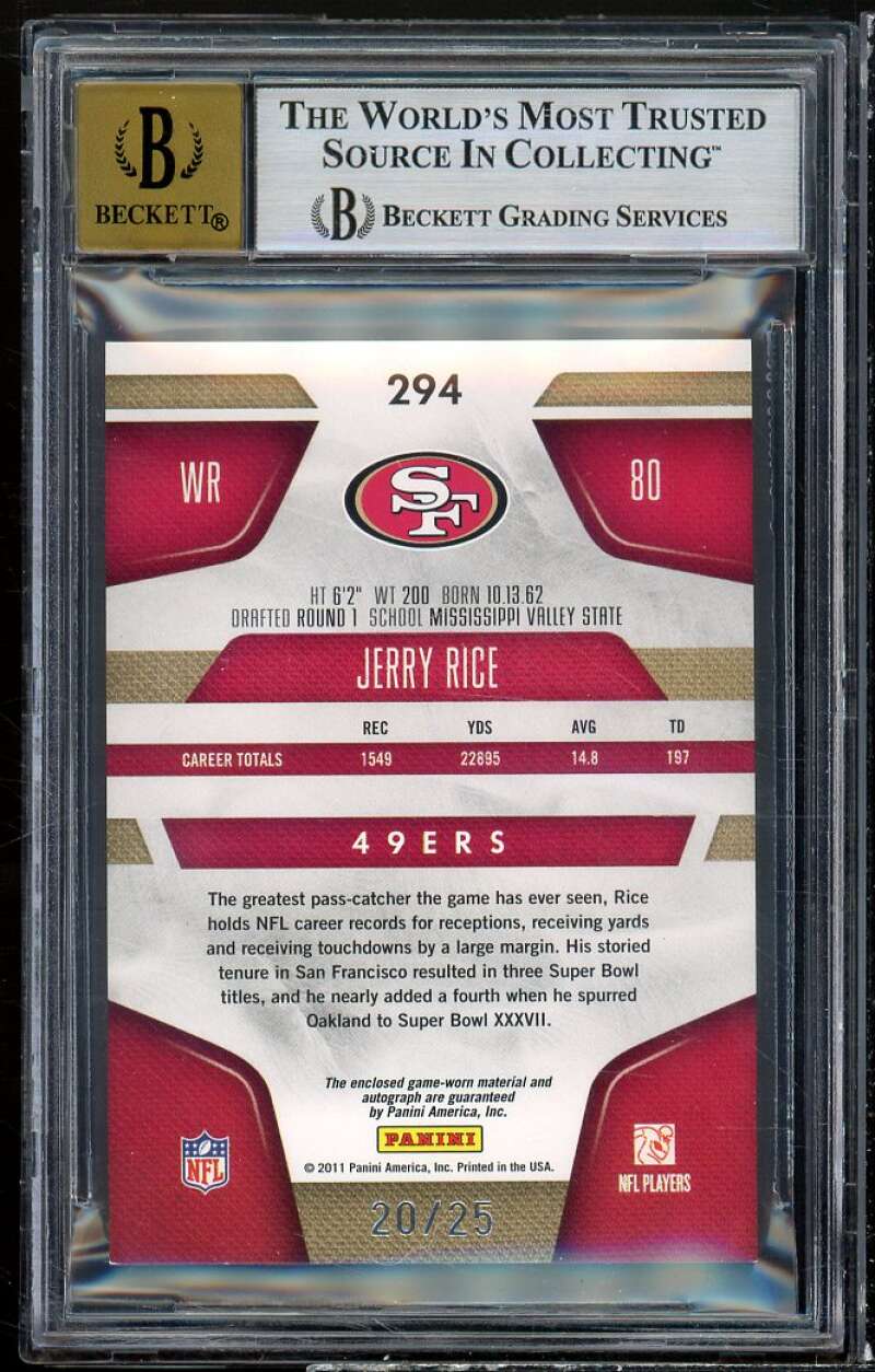 Jerry Rice 2011 Certified Mirror Gold Signatures #294 (20/25) BGS 8.5 Auto 10 Image 2