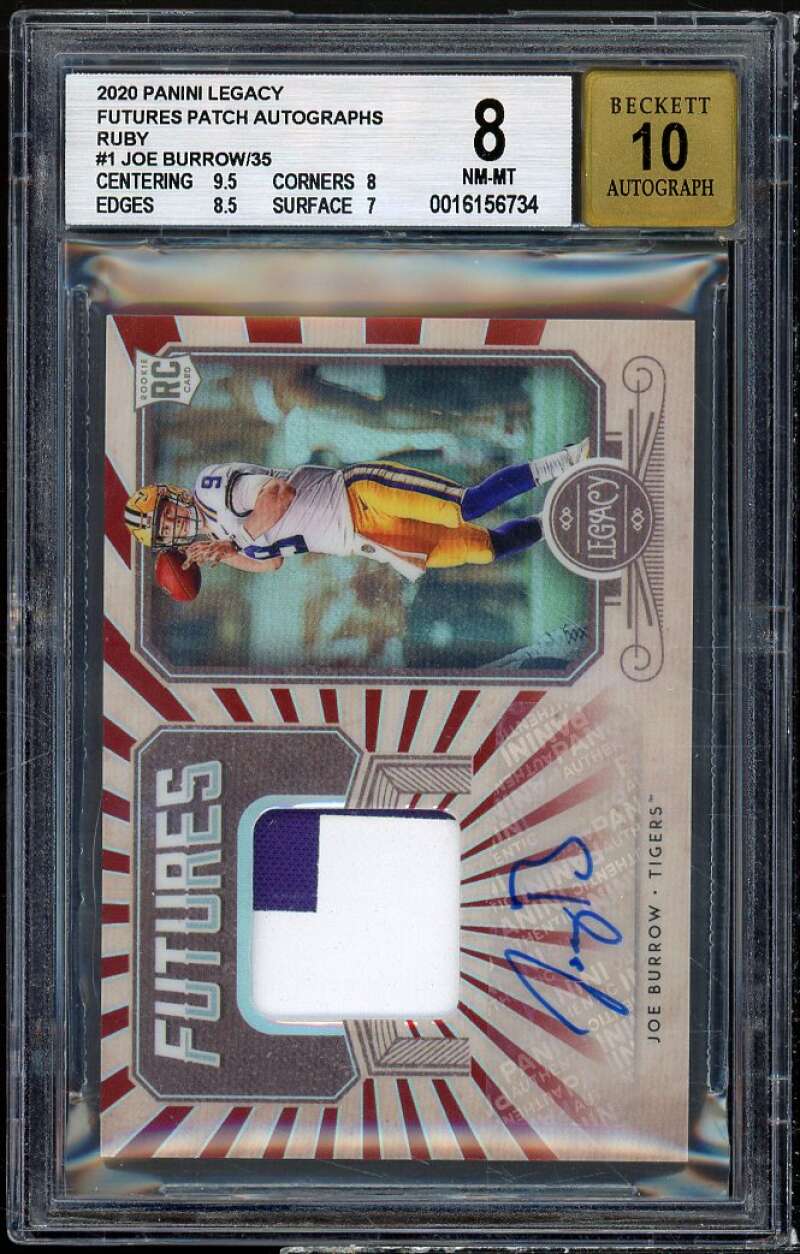 Joe Burrow Rookie 2020 Panini Legacy Futures Patch Auto Ruby #1 BGS 8 Auto 10 Image 1