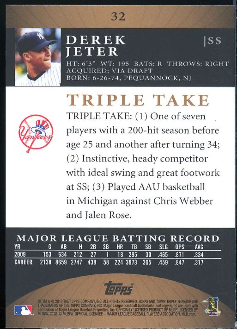 Derek Jeter Card 2010 Topps Triple Threads Sepia #32  Image 2