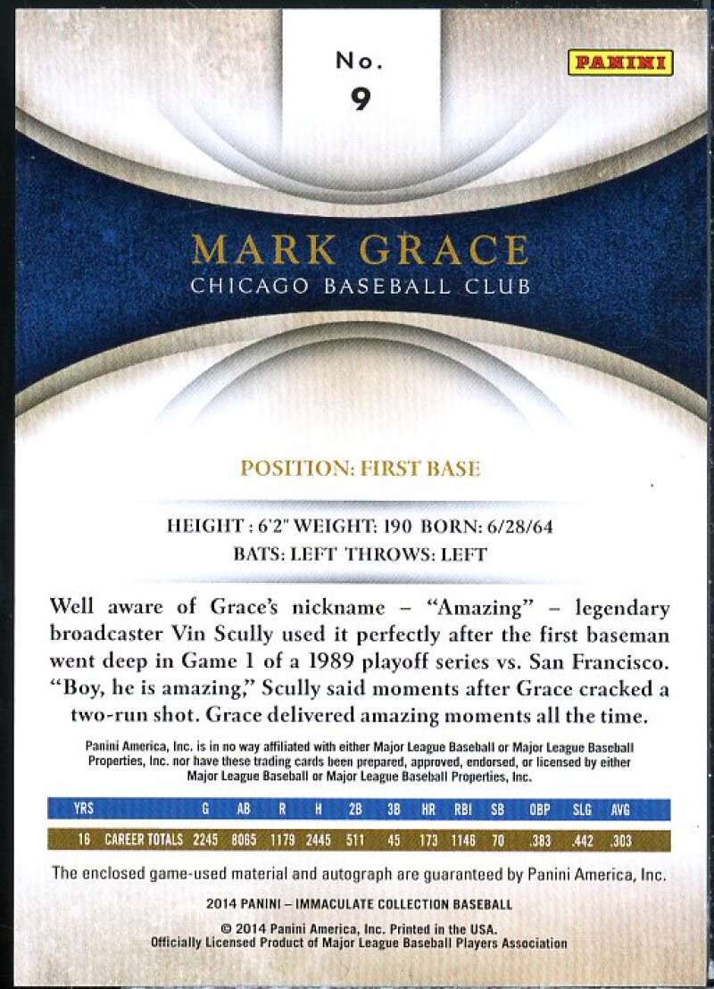 Mark Grace Card 2014 Immaculate Collection Immaculate Autograph Materials #9  Image 2