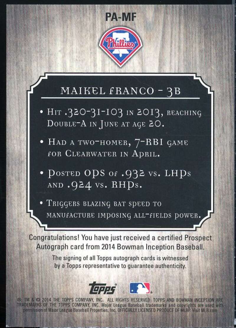 Maikel Franco Card 2014 Bowman Inception Prospect Autographs Gold #PAMF  Image 2