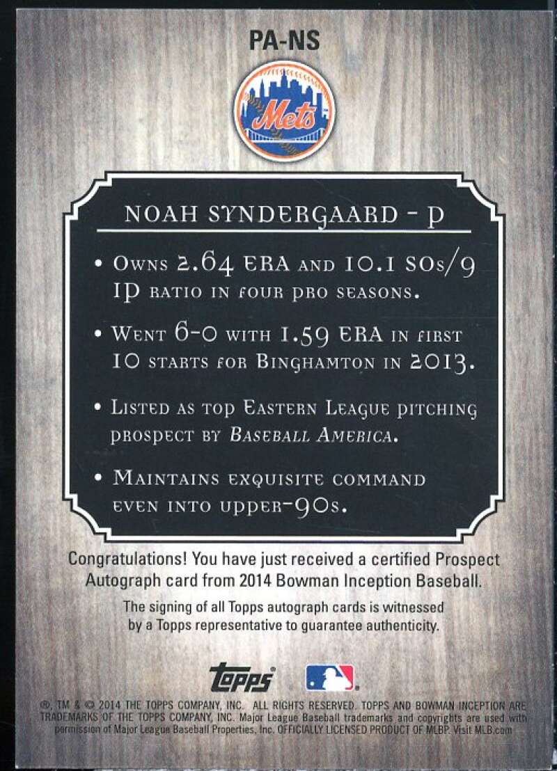 Noah Syndergaard Card 2014 Bowman Inception Prospect Autographs Gold #PANS  Image 2