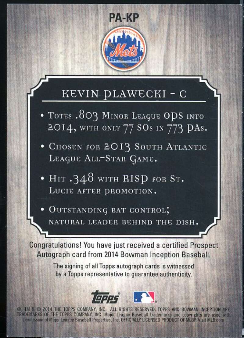 Kevin Plawecki Card 2014 Bowman Inception Prospect Autographs Gold #PAKP  Image 2