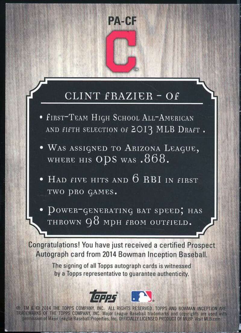 Clint Frazier Card 2014 Bowman Inception Prospect Autographs #PACF  Image 2