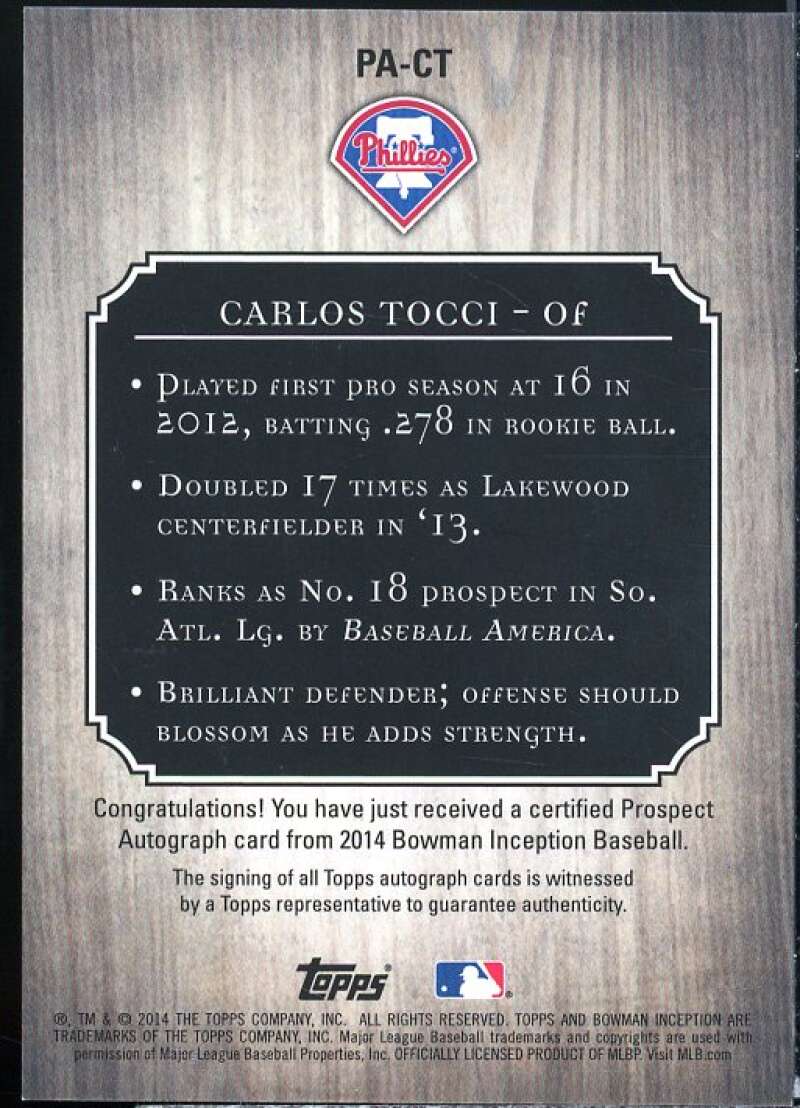Carlos Tocci Card 2014 Bowman Inception Prospect Autographs #PACT  Image 2