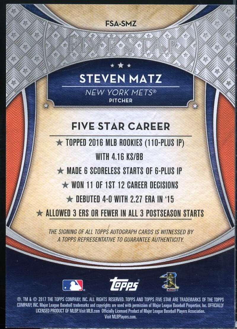 Steven Matz Card 2017 Topps Five Star Autographs #FSASMZ  Image 2