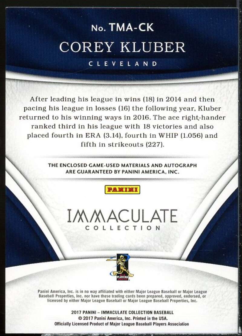 Corey Kluber 2017 Immaculate Collection Immaculate Triple Material Auto #15  Image 2
