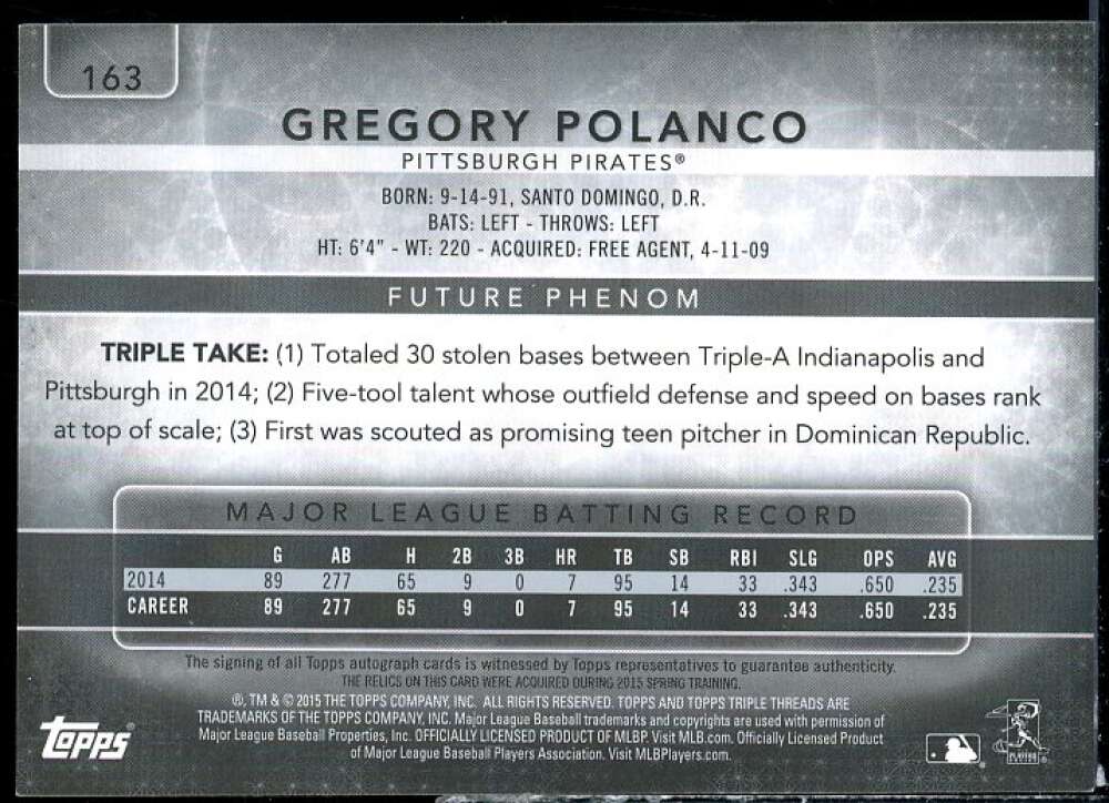 Gregory Polanco JSY AU Card 2015 Topps Triple Threads Black #163  Image 2