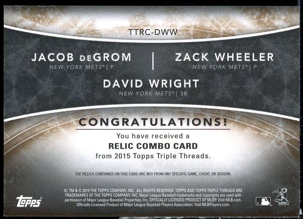 Jacob deGrom/Wheeler/David Wright 2015 Triple Thread Relic Combo Sepia #TTRCDWW  Image 2