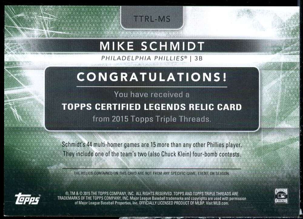 Mike Schmidt Card 2015 Topps Triple Threads Legend Relics Emerald #TTRLMS  Image 2