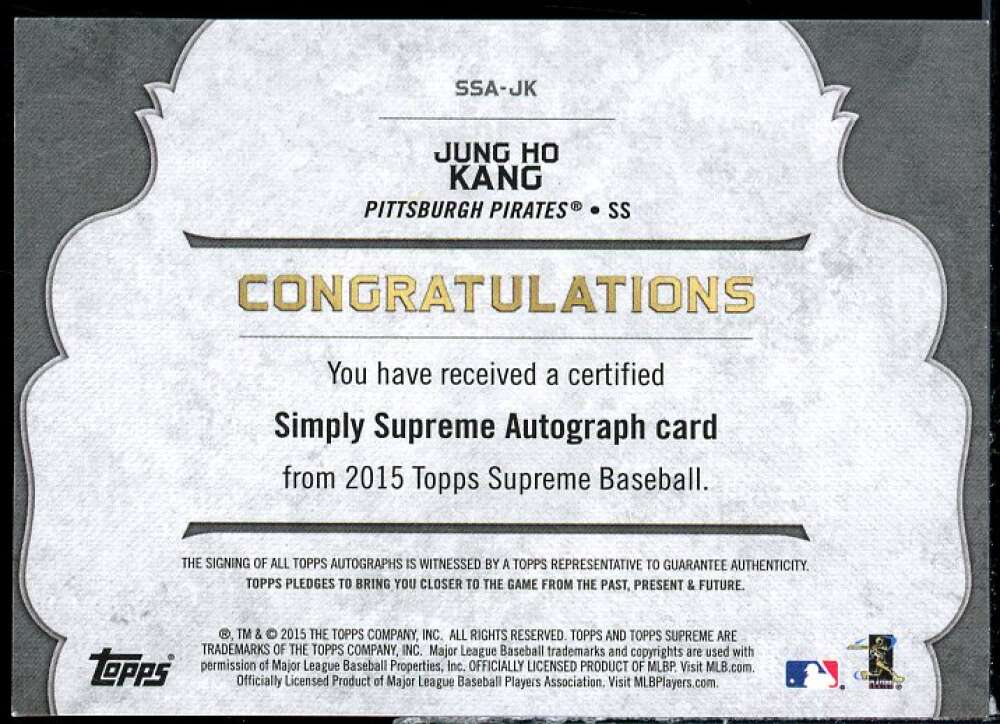 Jung Ho Kang Card 2015 Topps Supreme Simply Supreme Autographs #SSAJK  Image 2