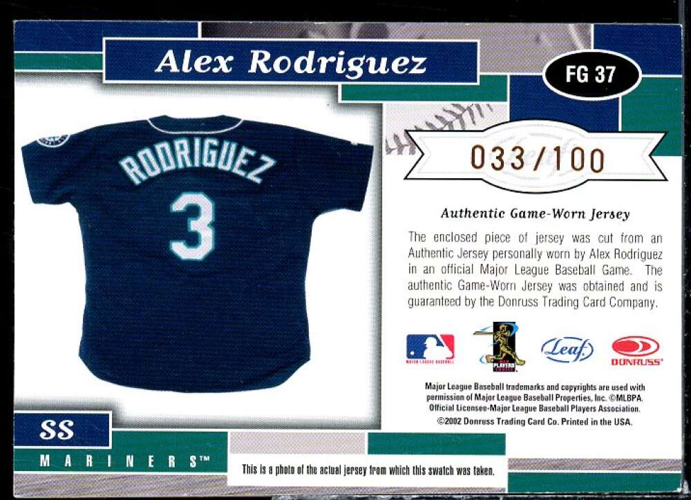 Alex Rodriguez M's Card 2002 Leaf Certified Fabric of the Game #37BA  Image 2