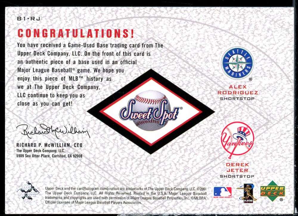 Alex Rodriguez/Derek Jeter Card 2001 Sweet Spot Game Base Duos #B1RJ  Image 2