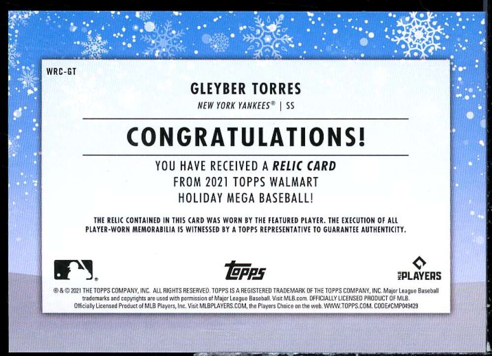 Gleyber Torres Card 2021 Topps Walmart Holiday Relics #WRCGT  Image 2