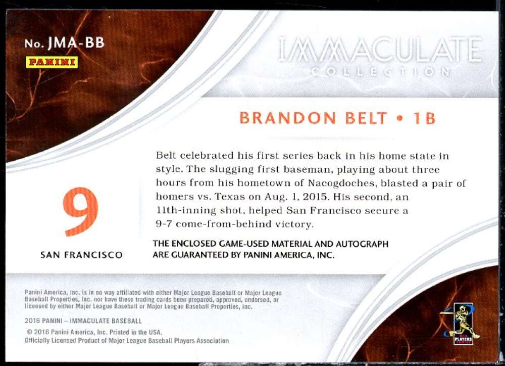 Brandon Belt 2016 Immaculate Collection Immaculate Jumbo Material Autographs #4  Image 2