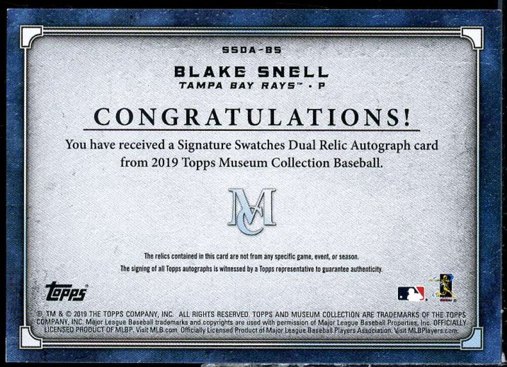 Blake Snell 2019 Museum Collection Signature Swatches Dual Relic AU #SSDABS  Image 2