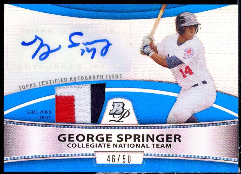 George Springer Card 2010 Bowman Platinum Relic Autographs Blue Refractors #GS  Image 1