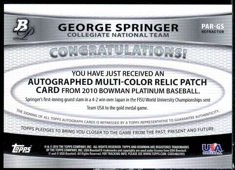 George Springer Card 2010 Bowman Platinum Relic Autographs Blue Refractors #GS  Image 2