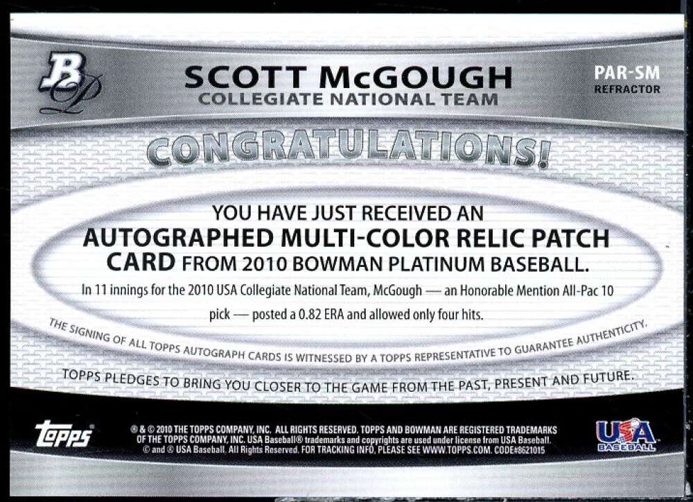 Scott McGough Card 2010 Bowman Platinum Relic Autographs Green Refractors #SM  Image 2