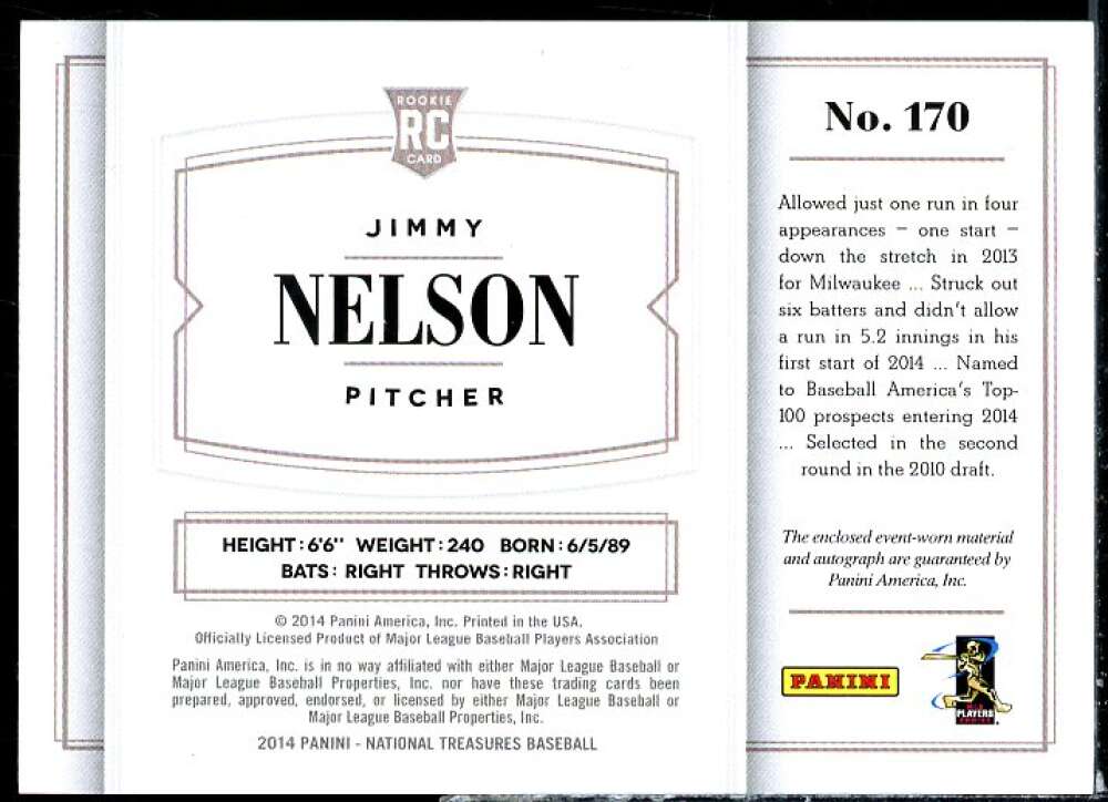 Jimmy Nelson 2014 Panini National Treasure Rookie Material Signatures Gold #170  Image 2