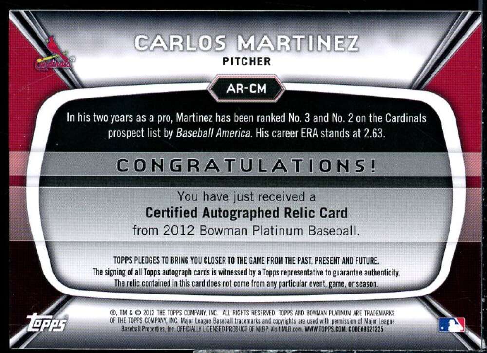 Carlos Martinez Card 2012 Bowman Platinum Relic Autographs #CM  Image 2
