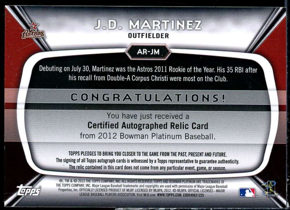 J.D. Martinez Card 2012 Bowman Platinum Relic Autographs #JM  Image 2