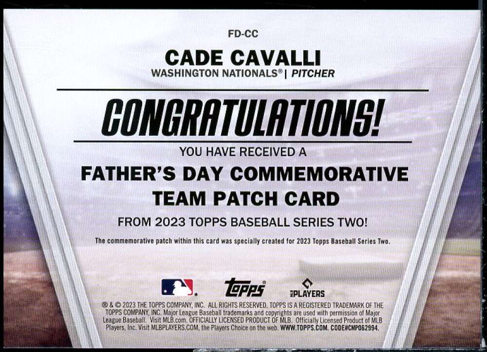 Cade Cavalli Card 2023 Topps Father's Day Commemorative Team Patches #FDCC  Image 2