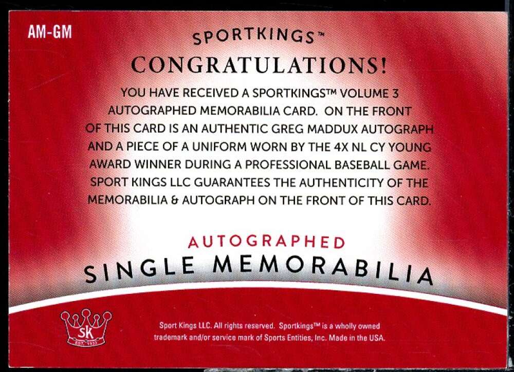 Greg Maddux Card 2022 Sportkings Vol 3 Autographed Memorabilia #AM-GM  Image 2